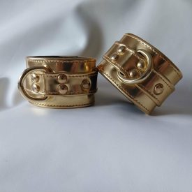 gold-colored leather bdsm wrist cuff, handmade