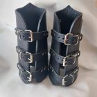 black leather fetish ring forearm guard, back view, handmade