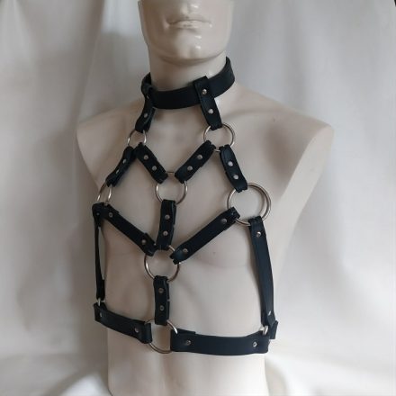 black leather bdsm upper body harness with rings, handmade