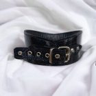 black patent leather bdsm neck cuff, 7 cm wide, patterned, handmade, viewed from the back