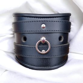 black leather bdsm posture neck collar with ring, handmade