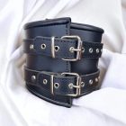 black leather bdsm posture neck collar with ring, handmade