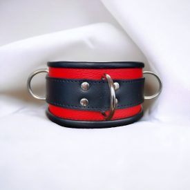 red leather bdsm neckcuff with three d-rings, handmade