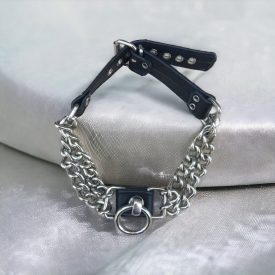 chain fetish neck cuff with black leather strap, handmade