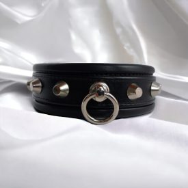 black leather bdsm neck cuff with metal decorations, handmade