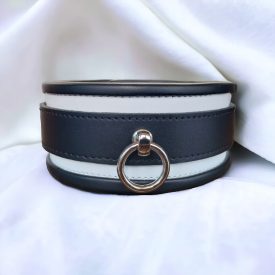 white-black leather bdsm neckcuff with ring, handmade