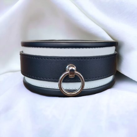 weiß-schwarzes leder-bdsm-halsfesseln mit ring, handgefertigt