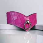 pink leather bdsm neck cuff with crocodile pattern, handmade