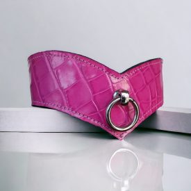 pink leather bdsm neck cuff with crocodile pattern, handmade