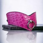 pink leather bdsm neck cuff with crocodile pattern, handmade