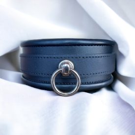 black leather bdsm neck cuff with one ring, handmade