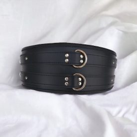 black leather BDSM waist restraint with double strap, handmade