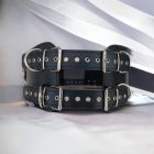 fekete bőr bdsm derékbilincs sok karikával, kézzel készített