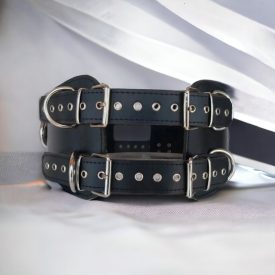 fekete bőr bdsm derékbilincs sok karikával, kézzel készített