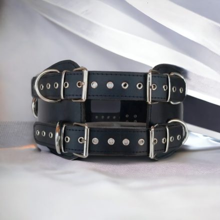 fekete bőr bdsm derékbilincs sok karikával, kézzel készített