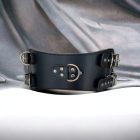 Black leather BDSM waist cuff with multiple rings, handcrafted