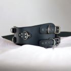 Black leather BDSM waist cuff with multiple rings, handcrafted