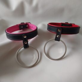 colored fetish leather collar with large ring, handmade