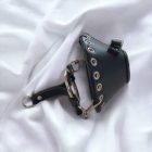 black leather bdsm ball stretcher cage, side view, handmade