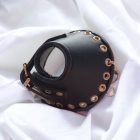 black leather bdsm ball stretcher cage, side view, handmade