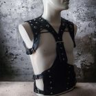 black leather gothic harness with decorations, side view, handmade