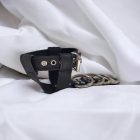 black leather bdsm penis cage, side view, handmade