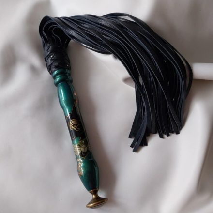 Black leather flogger - Exclusive leather flogger with Egyptian cat pattern