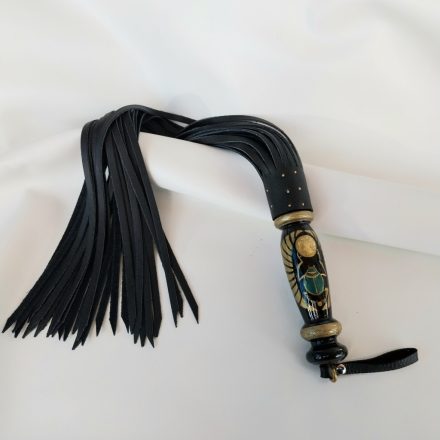 Black leather BDSM flogger with Egyptian scarab motif