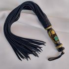 Black leather BDSM flogger with Egyptian scarab motif