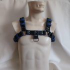 leather bdsm blue men’s chest harness, front, handcrafted