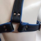 leather bdsm blue men’s chest harness, close-up, handcrafted