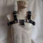 silver leather bdsm bulldog harness for men, front, handcrafted