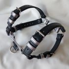 silver leather bdsm bulldog harness for men, close-up, handcrafted