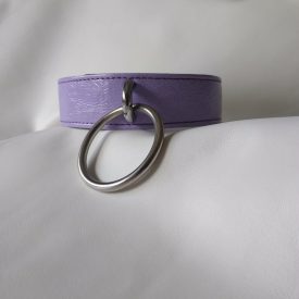 purple leather bdsm collar, large ring, handmade