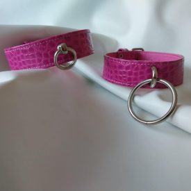 pink leather bdsm collar, crocodile-patterned, handmade