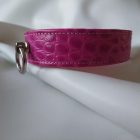 pink leather bdsm collar, crocodile-patterned, side view, handmade