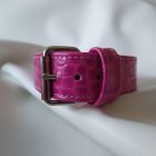 pink leather bdsm collar, crocodile-patterned, back view, handmade