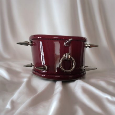 burgundy patent leather lockable neck cuff with spiked decorations, handmade