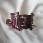 burgundy patent leather lockable neck cuff with spiked decorations, handmade