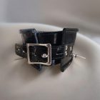 burgundy patent leather lockable neck cuff with spiked decorations, handmade