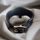black soft leather bdsm lockable neck cuff with large d-ring, viewed from back, handmade