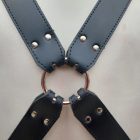  black leather bdsm upper-body harness close-up, handmade