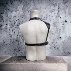 black leather multi-strap bdsm unisex body harness, back, handmade