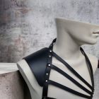 black leather multi-strap bdsm unisex body harness, close-up, handmade