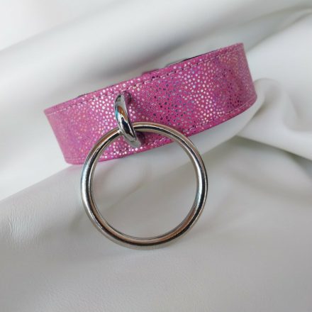pink leather fetish collar with glossy pattern, handmade