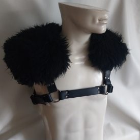 black leather bdsm viking cosplay chest harness fur handmade.