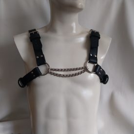black leather bdsm chest harness with chains, handmade