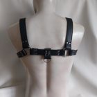 black leather bdsm chest harness with chains, back view, handmade